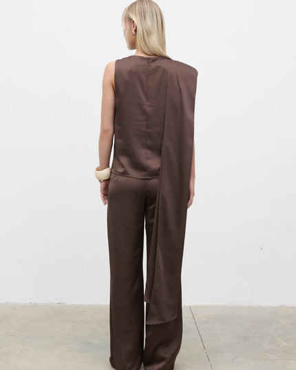 Breya Scarf Satin Top - Brown