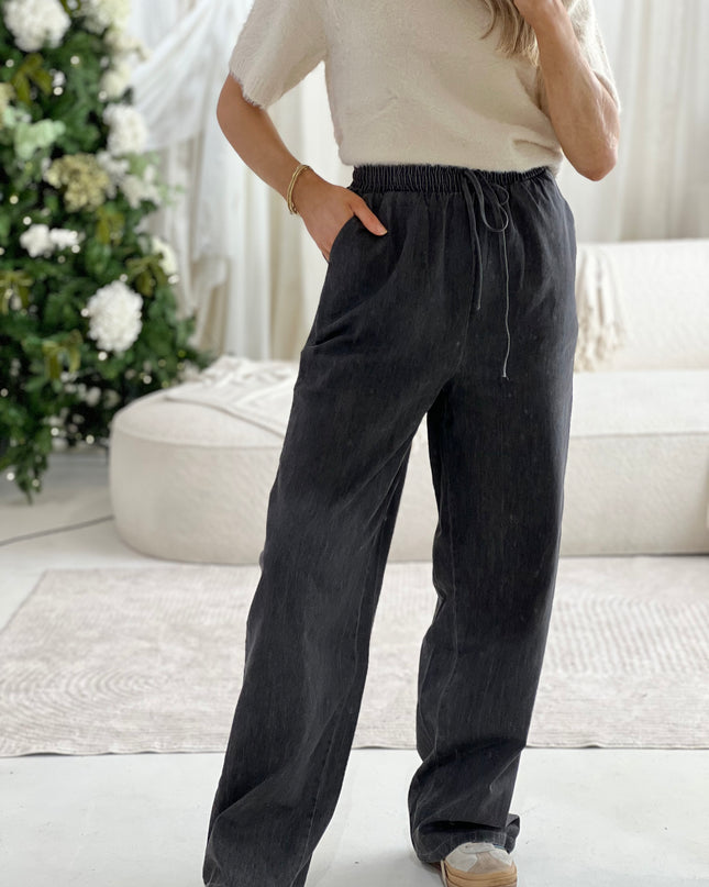 Wide Leg Soft Touch Drawstring Trouser - Washed Black