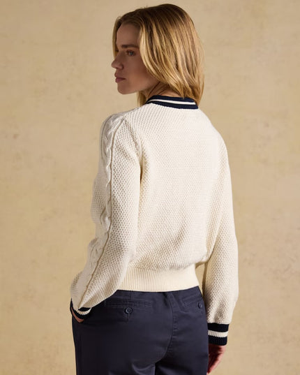 Crew Neck Cable Knit Cardigan - Cream/Navy