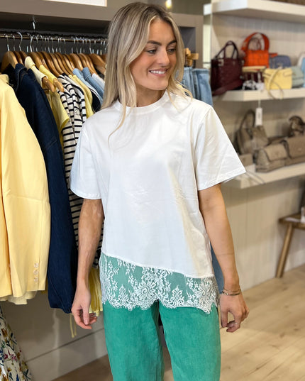 Asymmetric Lace Hem T-Shirt - White
