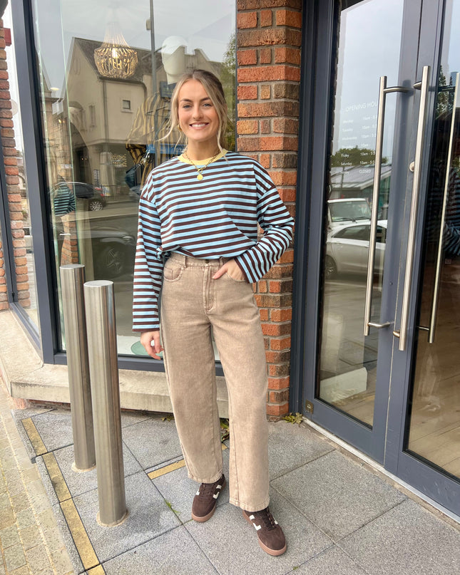 Oversized Striped Long Sleeve Top - Sky Blue/Brown