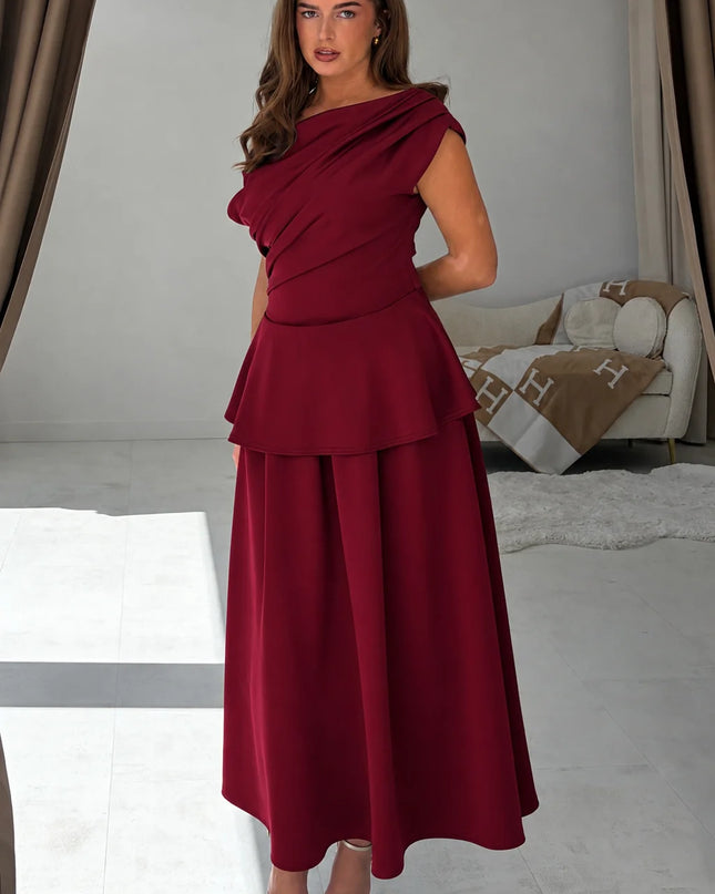 Connie Peplum Midi Dress - Burgundy