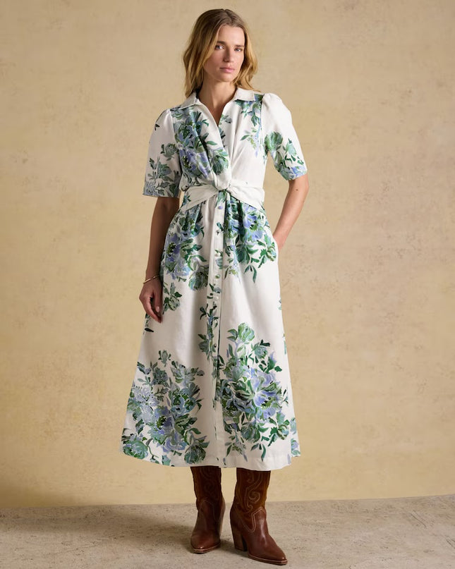 Marina Floral Midi Linen Blend Dress - White/Blue