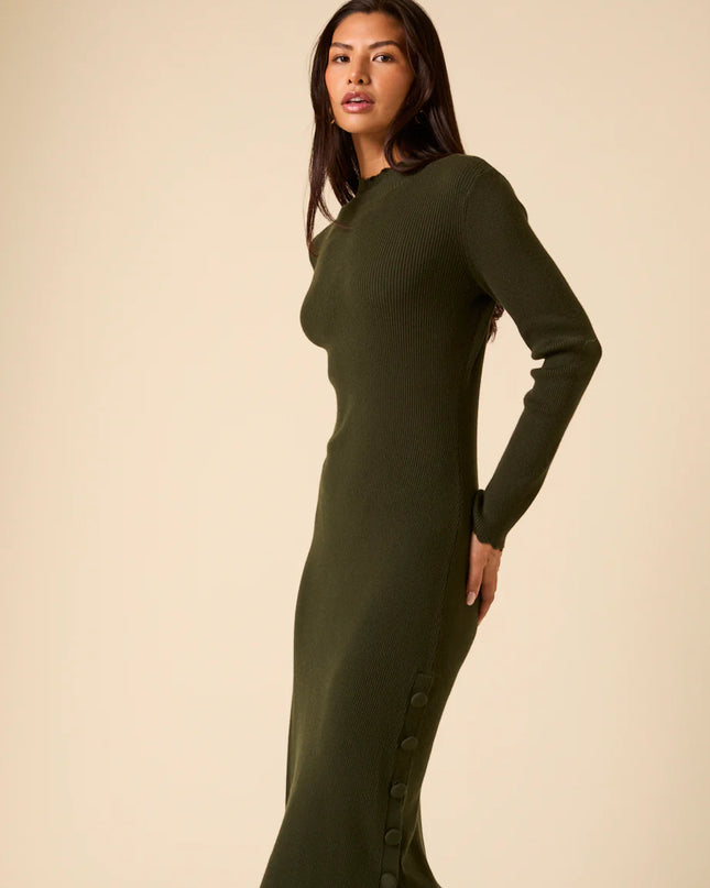 Knitted Long Sleeve Midi Dress - Dark Green