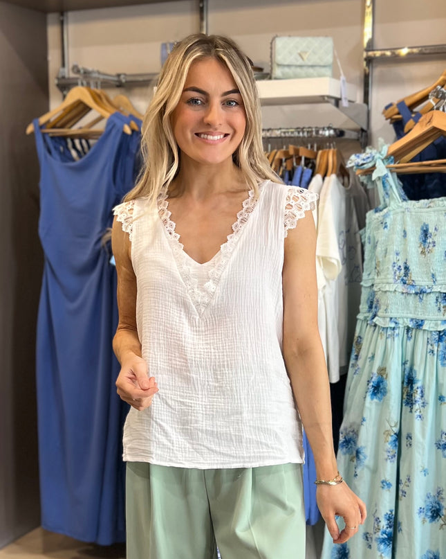 Cheesecloth Cotton Lace Top - White