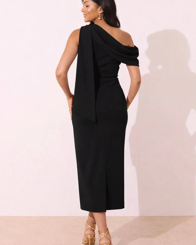 Eleni Drape Midi Dress - Black
