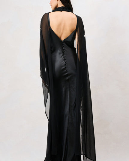 Annaka Maxi Dress with Detachable Embellished Cape - Black