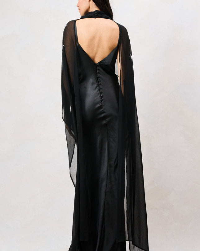 Annaka Maxi Dress with Detachable Embellished Cape - Black