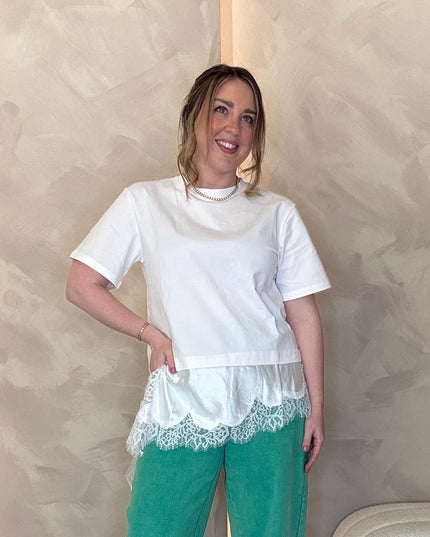 Satin and Lace Asymmetric T-Shirt - White