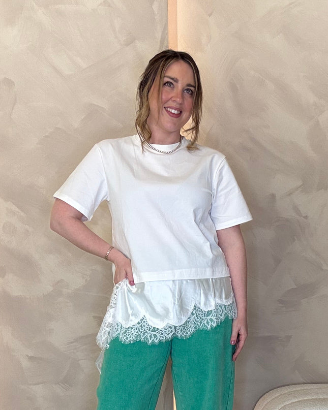 Satin and Lace Asymmetric T-Shirt - White