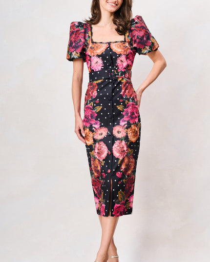 Rinna Sweetheart Neckline Pencil Dress - Black/Pink Multi