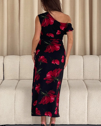 Ariana Asymmetric Midi Dress - Red Floral