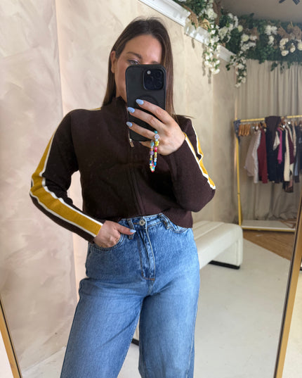 Ribbed Full Zip Knit - Brown/Mustard