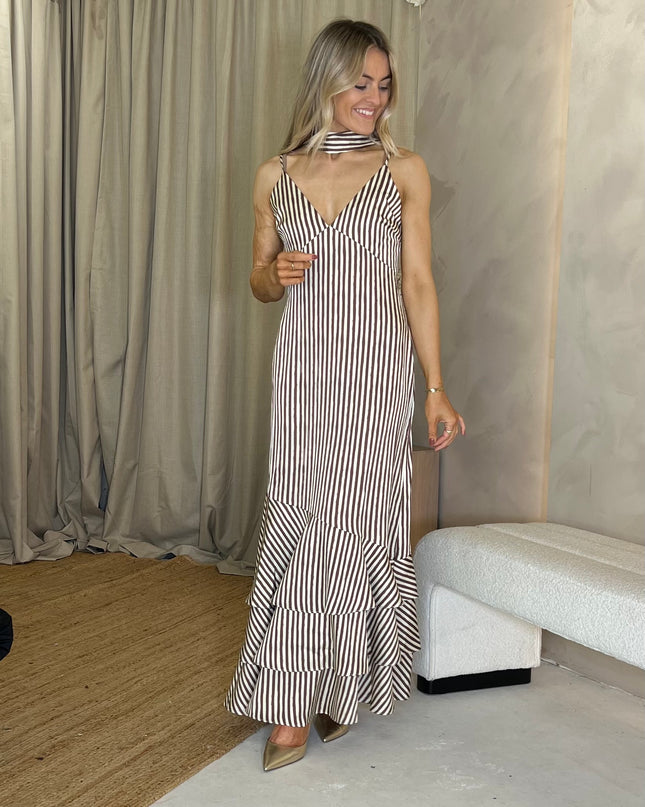 Serita V Neck Tiered Maxi Dress - Brown and Cream Stripe