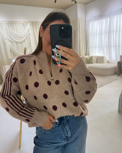 Polka Dot Full Zip Knit - Beige/Burgundy