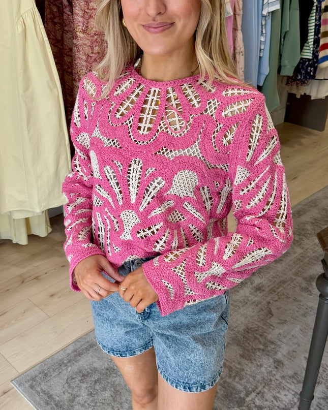 Crochet Knit Sweater - Pink