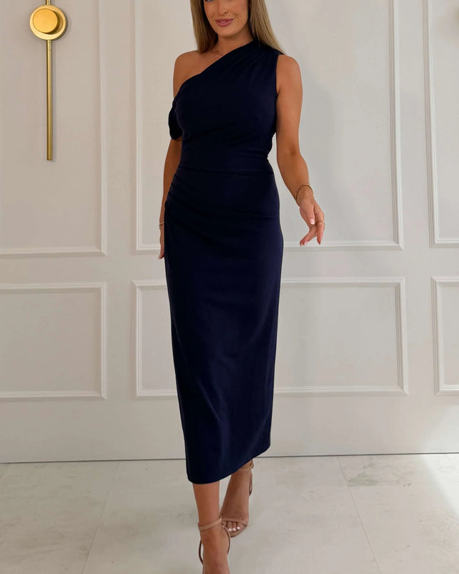 Donna Asymmetric Neckline Midi Dress - Navy
