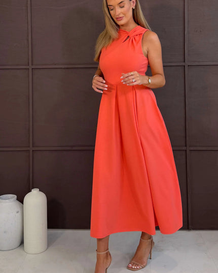 Anastasia Knot Detail Midi Dress - Coral