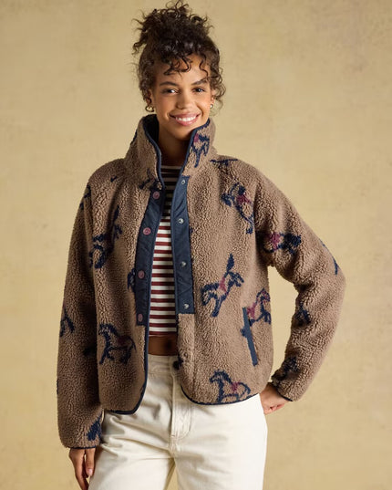Joules Horse Print Borg Fleece Jacket - Mink Brown