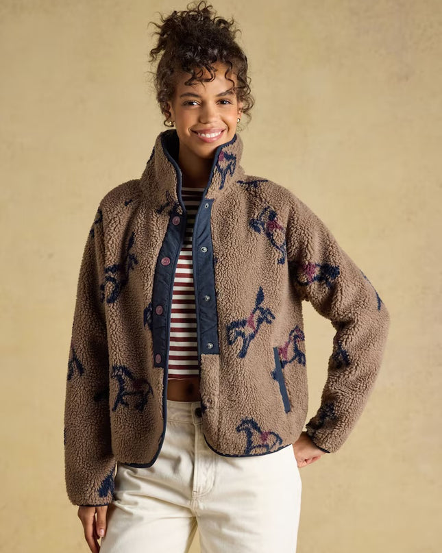 Joules Horse Print Borg Fleece Jacket - Mink Brown