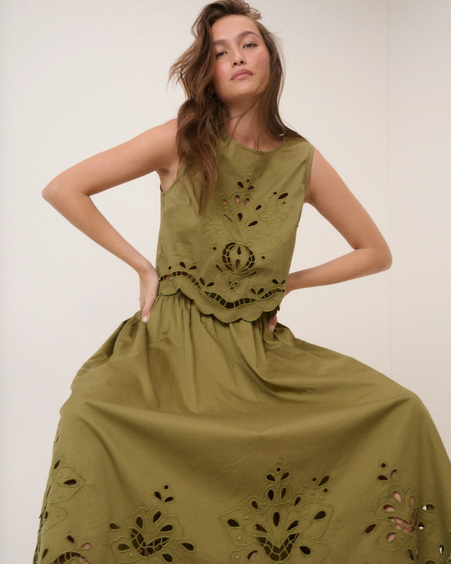 Broderie Anglaise Midi Skirt - Green