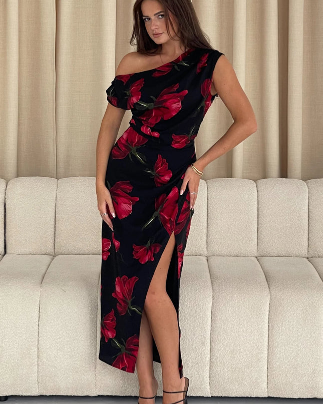 Ariana Asymmetric Midi Dress - Red Floral