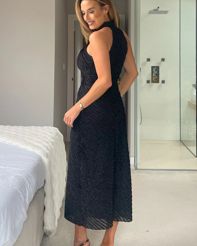 Mira Halterneck Shimmer Midi Dress - Black