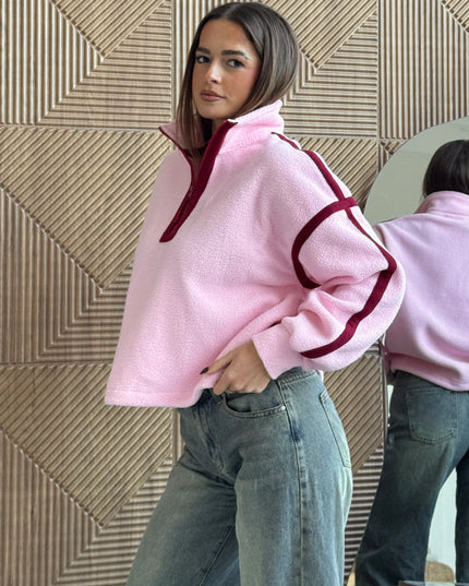 Lulu Contrast Binding 1/4 Zip Fleece - Pale Pink