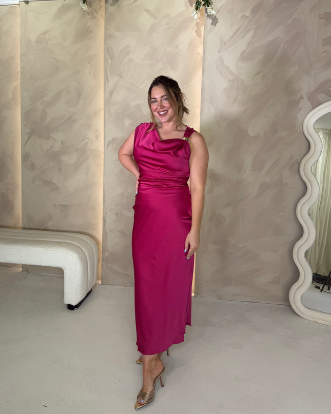 Cowl Neck Dress with Gold Hardware - Fuchsia