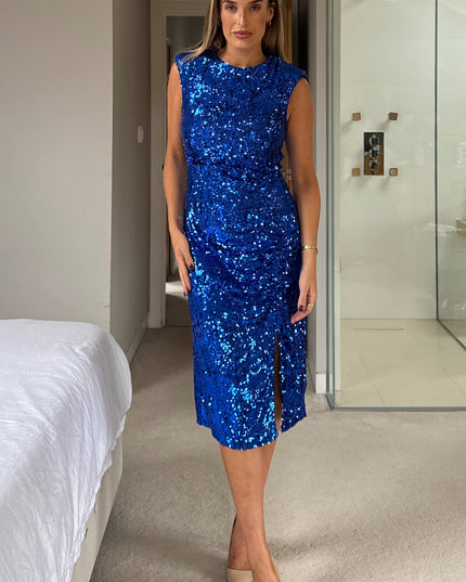 Estelle Sequin Ruched Midi Dress - Colbalt Blue