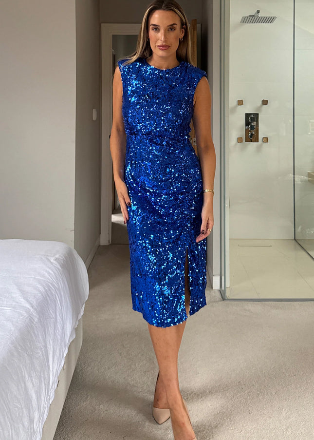 Estelle Sequin Ruched Midi Dress - Colbalt Blue