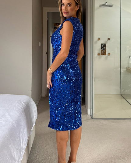 Estelle Sequin Ruched Midi Dress - Colbalt Blue