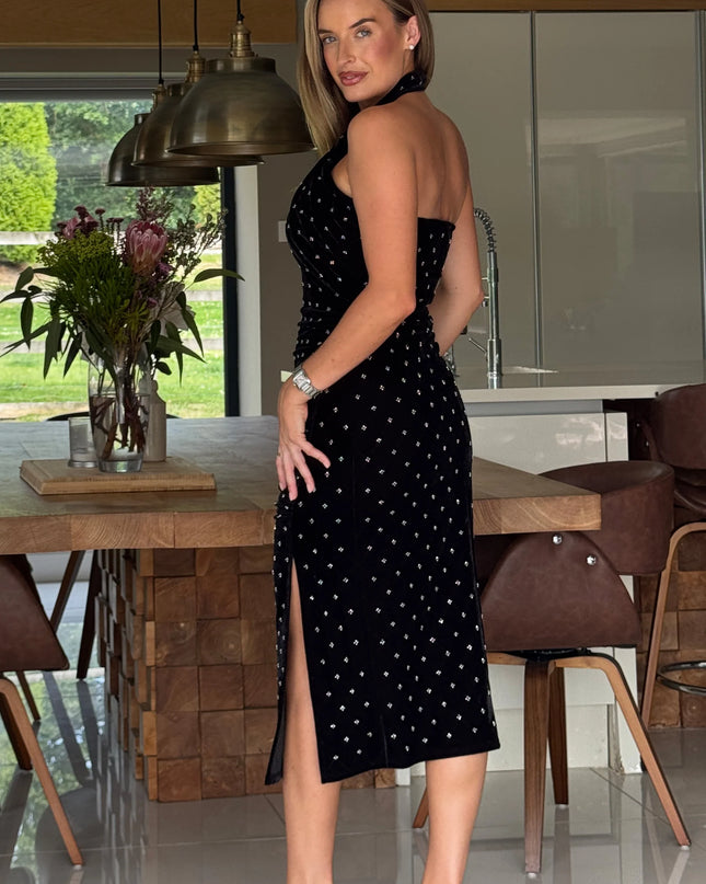 Bessie Halter Neck Side Split Midi Dress Beaded Velvet - Black