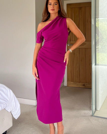 Donna Asymmetric Neckline Midi Dress Dark Fuchsia