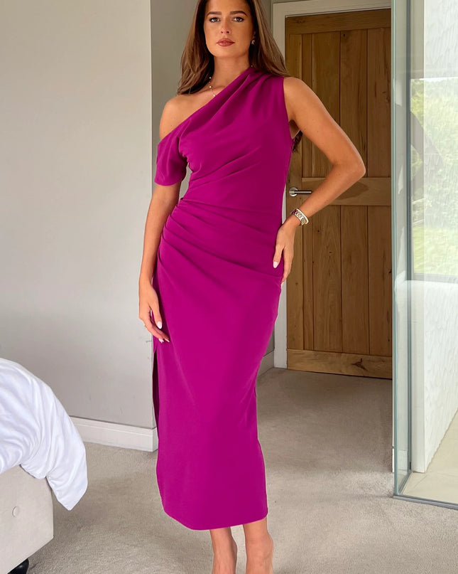 Donna Asymmetric Neckline Midi Dress Dark Fuchsia