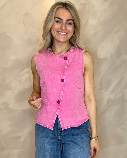 Asymmetric Soft Denim Waistcoat - Fuchsia