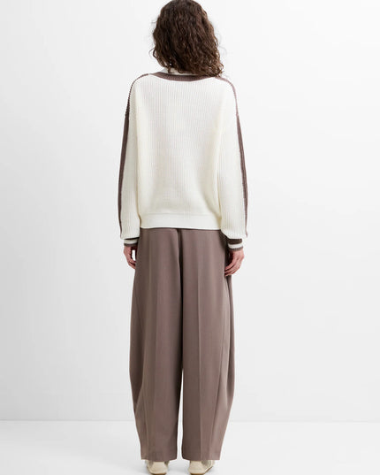 French Connection Varli Varsity V-Neck Jumper - Summer White/Taupe