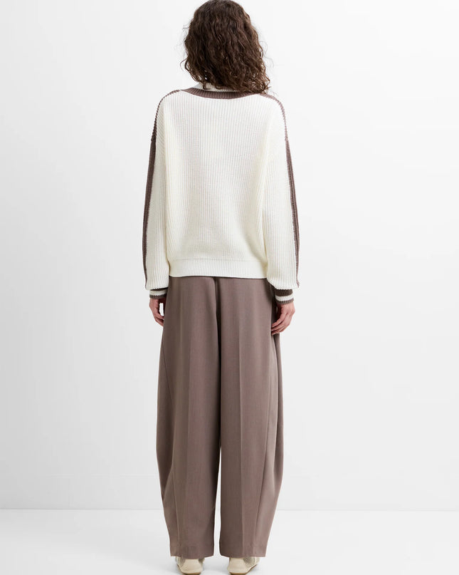 French Connection Varli Varsity V-Neck Jumper - Summer White/Taupe