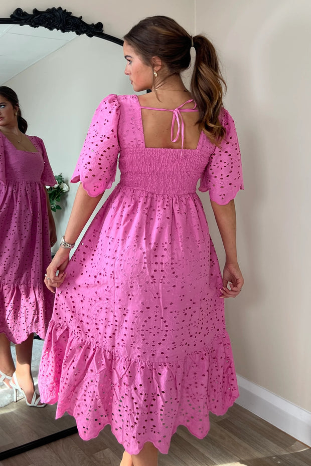 Aspen Broidery Tiered Midaxi Dress - Pink