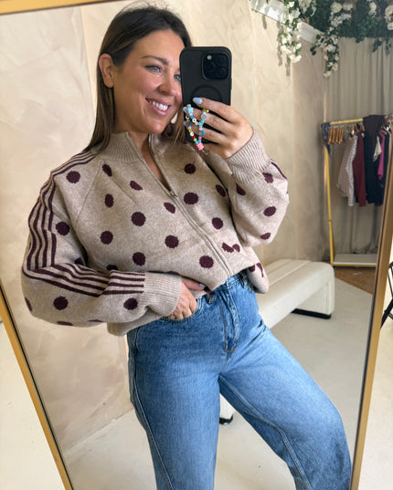 Polka Dot Full Zip Knit - Beige/Burgundy