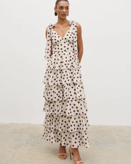 Fiore Tie Ruffle Maxi Dress - Polka Dot