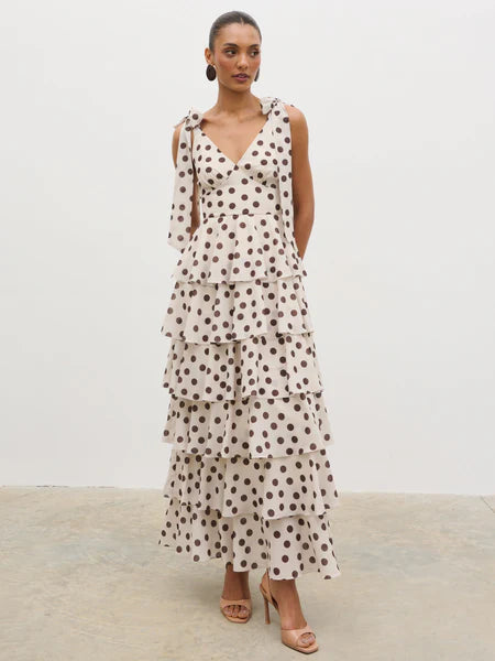 Fiore Tie Ruffle Maxi Dress - Polka Dot