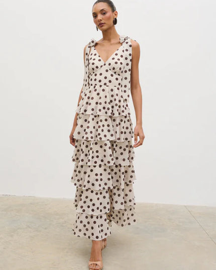 Fiore Tie Ruffle Maxi Dress - Polka Dot