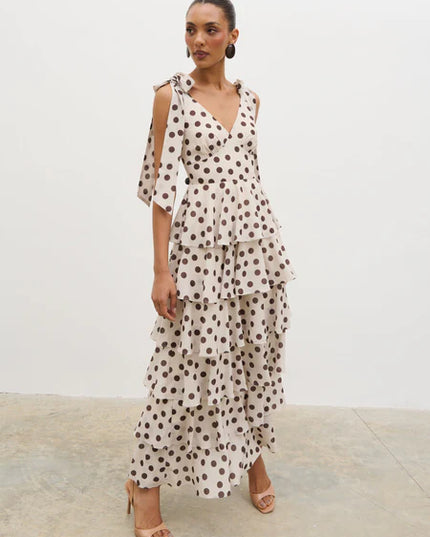 Fiore Tie Ruffle Maxi Dress - Polka Dot