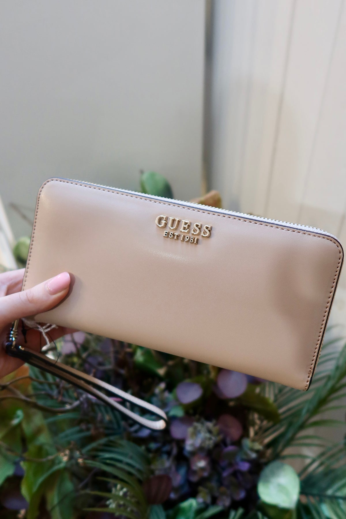 Guess Laurel Large Zip Around Purse Light Beige