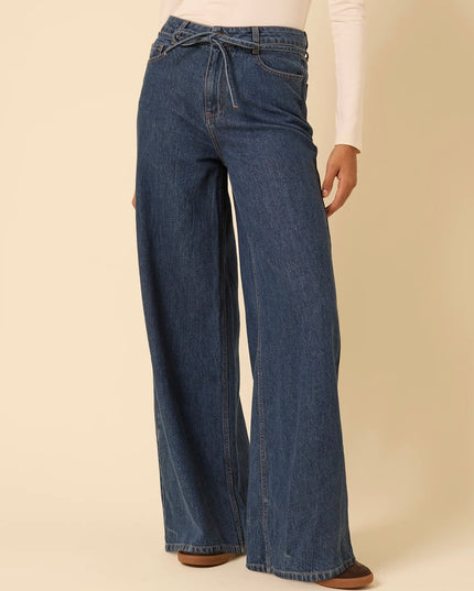 High Rise Tie Waist Wide Leg Jeans - Dark Blue