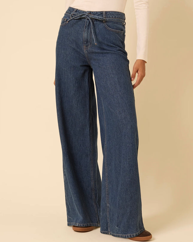 High Rise Tie Waist Wide Leg Jeans - Dark Blue