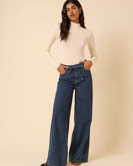 High Rise Tie Waist Wide Leg Jeans - Dark Blue