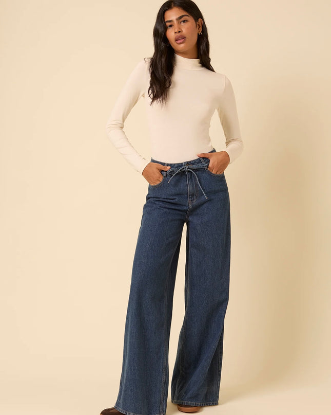 High Rise Tie Waist Wide Leg Jeans - Dark Blue