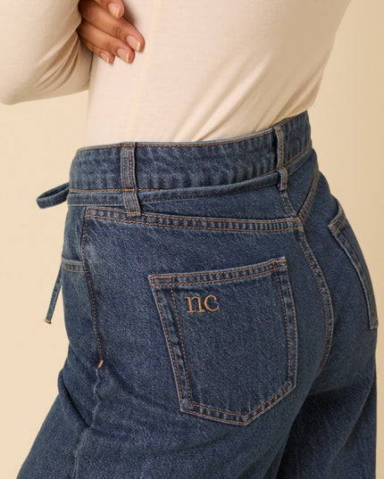 High Rise Tie Waist Wide Leg Jeans - Dark Blue